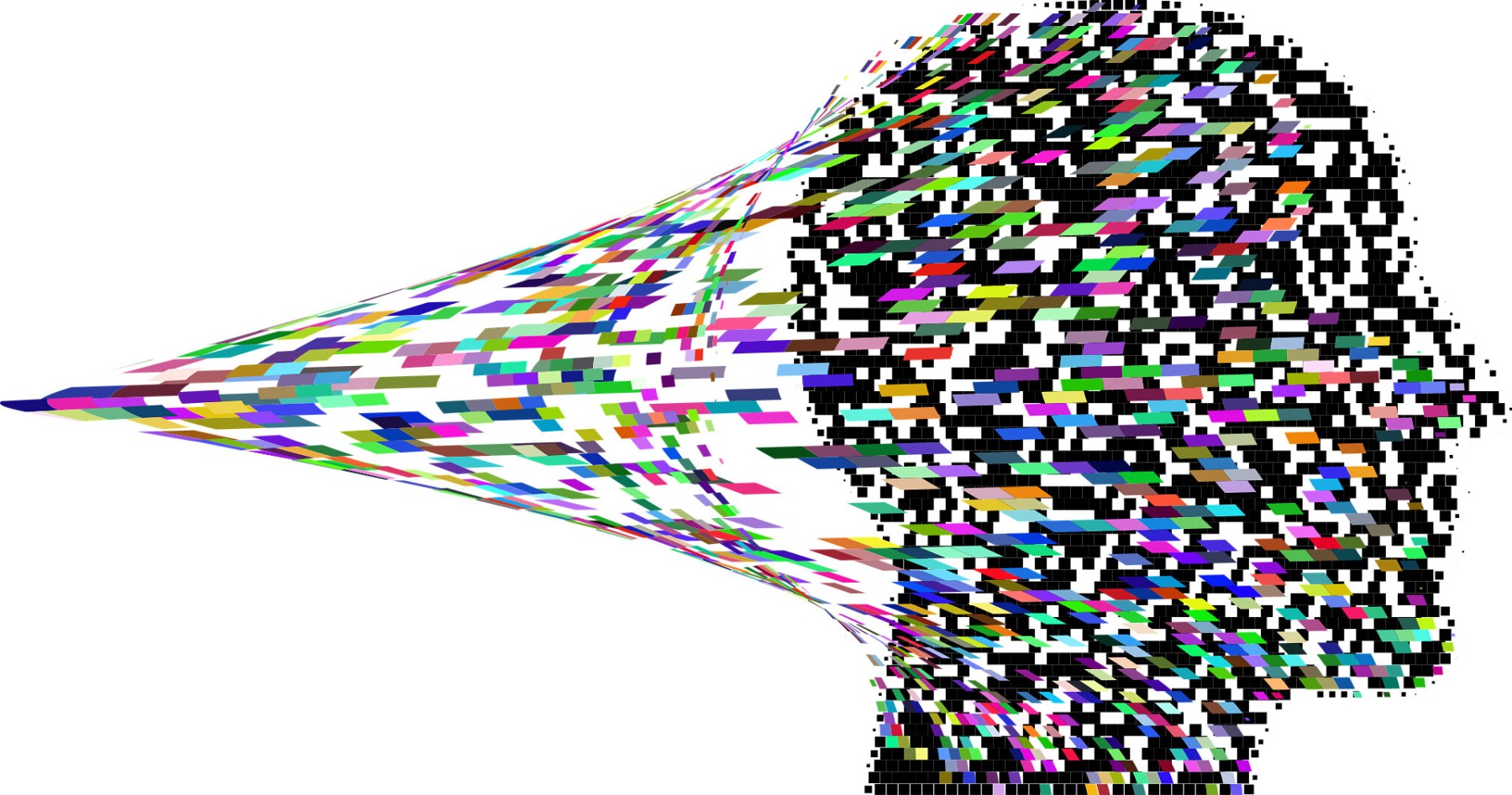 Abstract profile of a human head made of colorful pixels, with a stream of pixels flowing out toward the left.